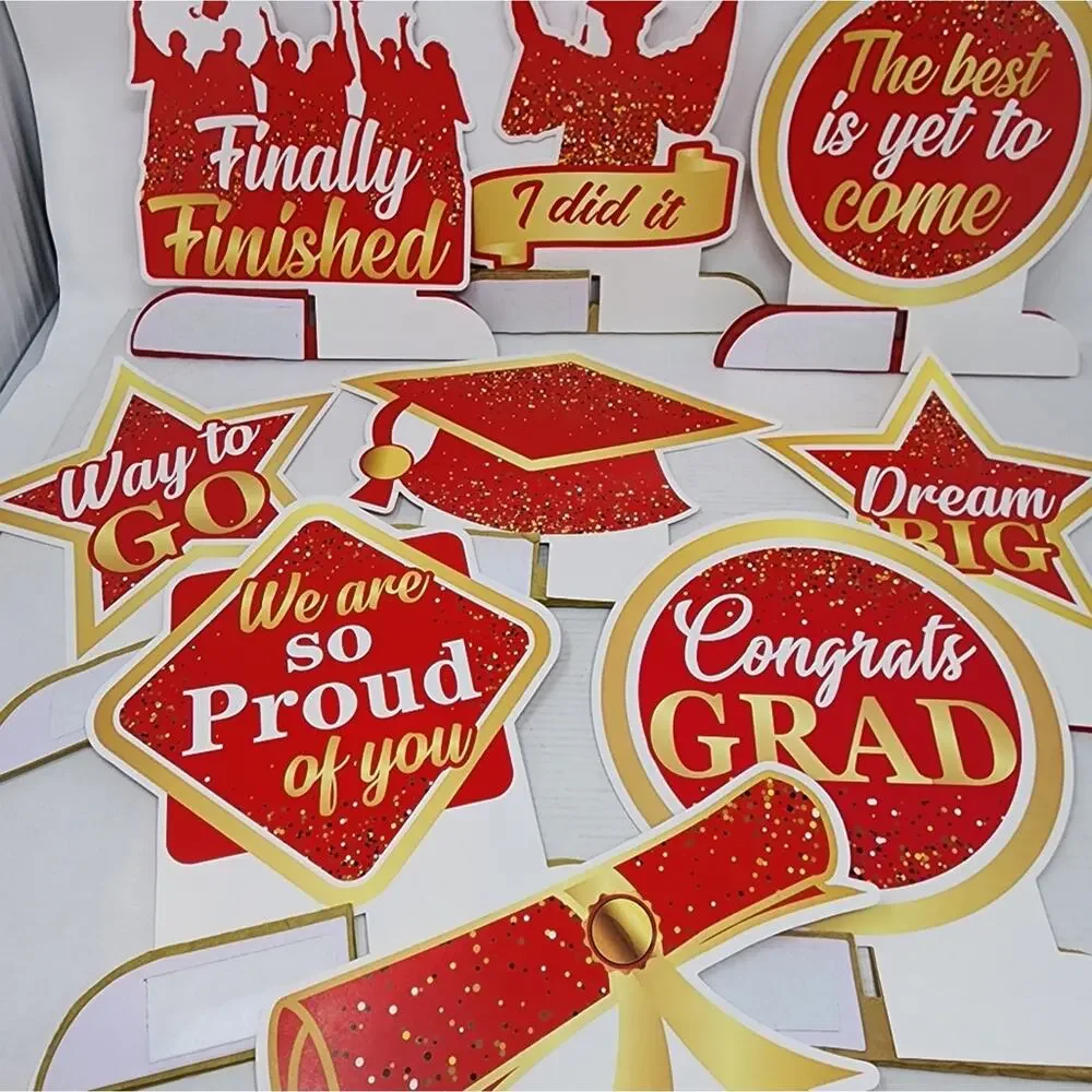 New Graduation Decorations Grad Party 9 Pc Table Toppers Red & White Party Decor